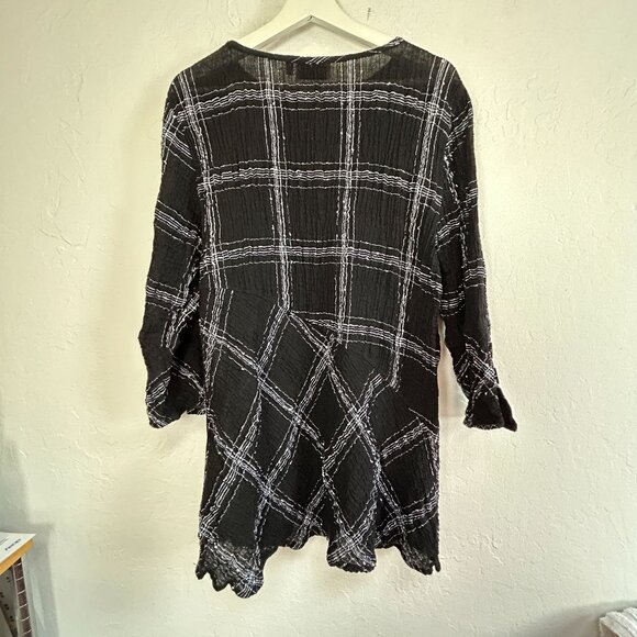 Habitat Black White Plaid Textured Asymmetric Tunic Top XL Linen Blend Artsy - Picture 2 of 9